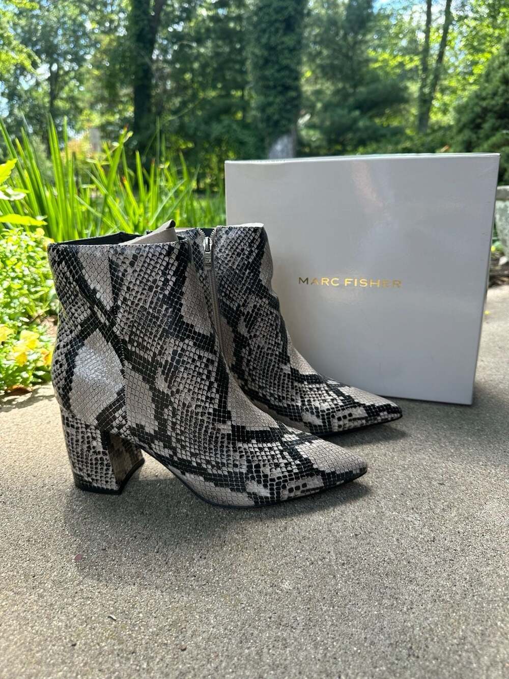 Marc Fisher Womens Shoes Pointed Toe Snake Print Block Heel Ankle Booties